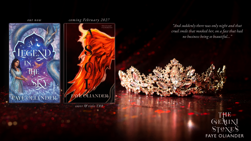 Faye Oliander website header displaying the first two books in her the gemini stones series: A Legend in the Sky, and book 2 which is not titled yet
